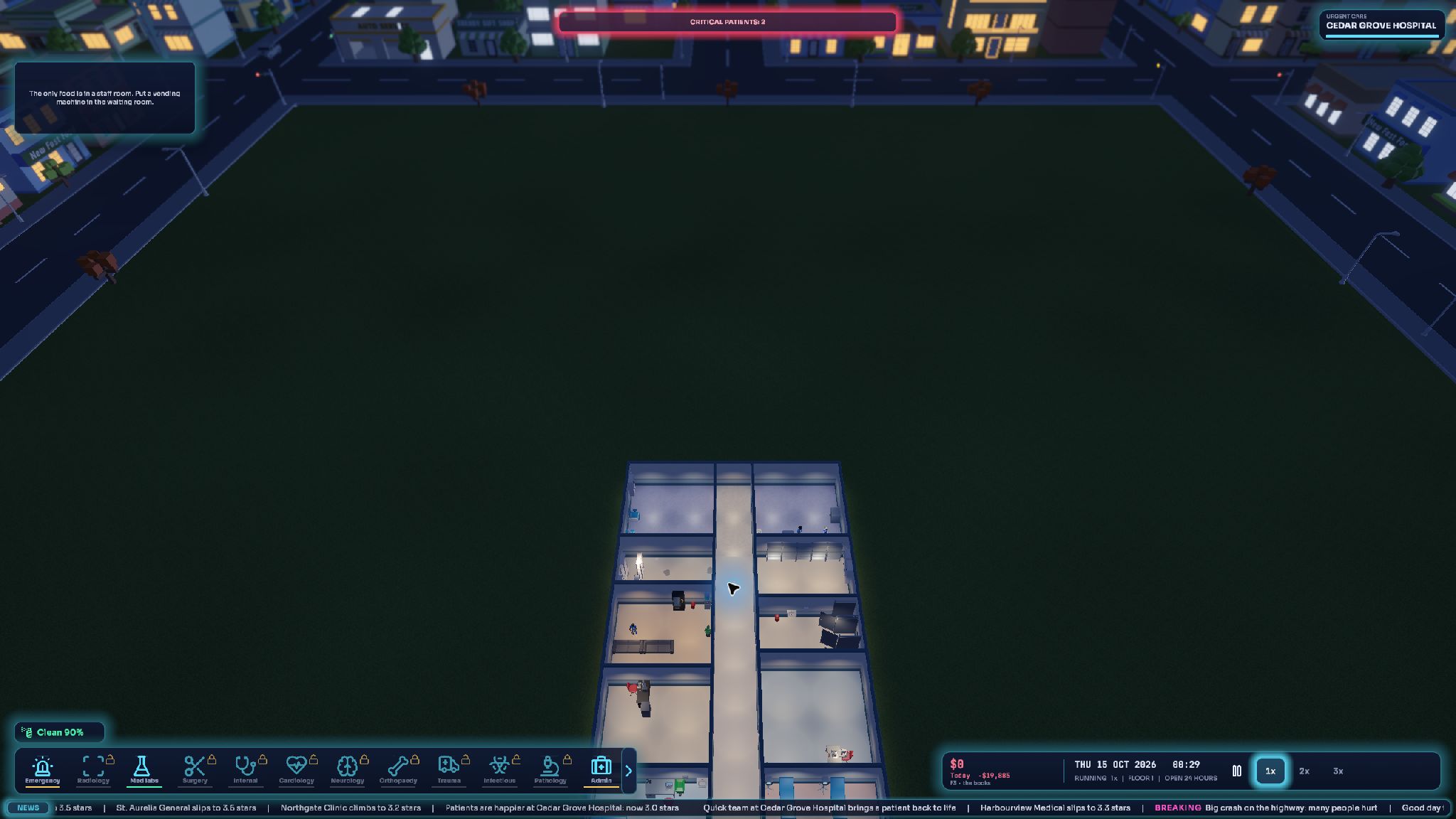 Cedar Grove Hospital at night with the operations HUD and critical-patient alert