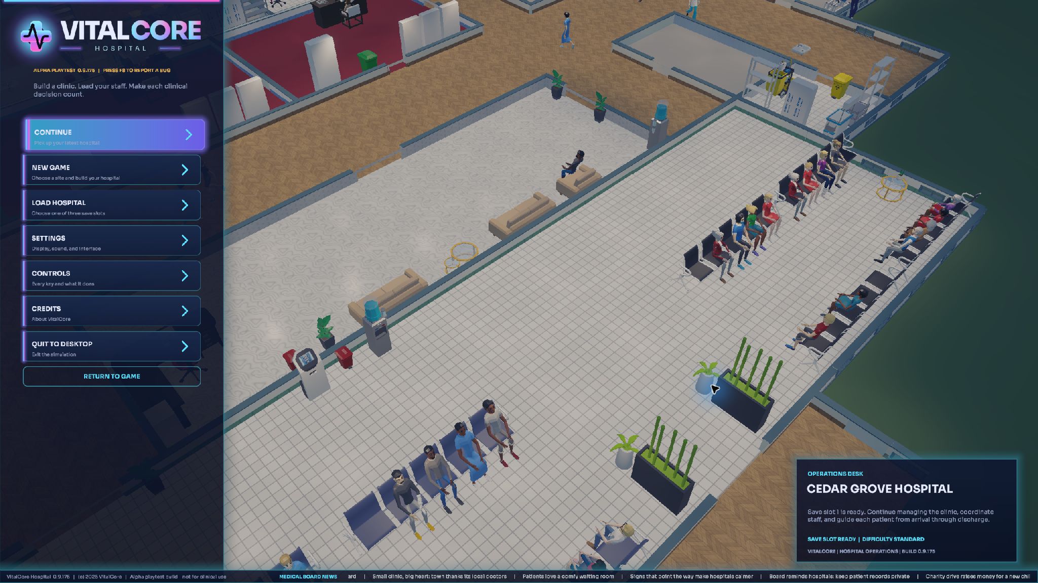 Current VitalCore Hospital main menu and alpha status