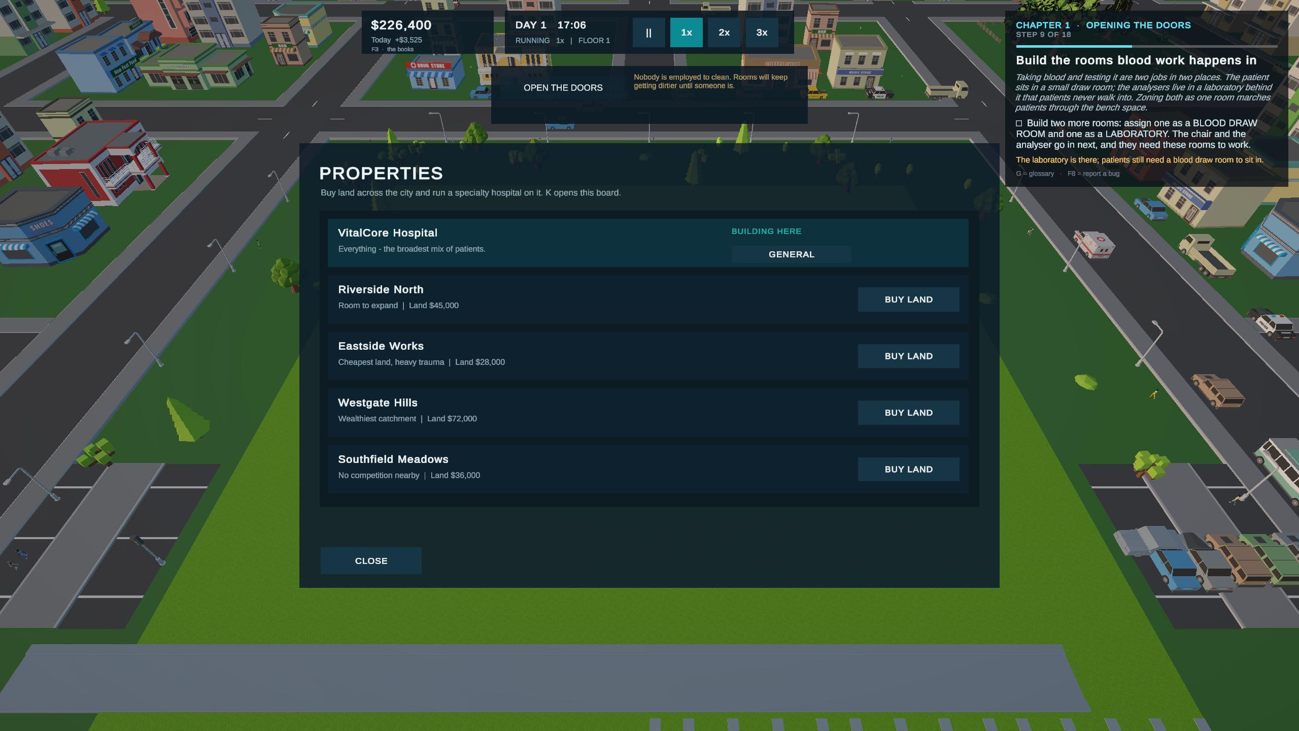 VitalCore Hospital authentic gameplay showing the city property expansion board