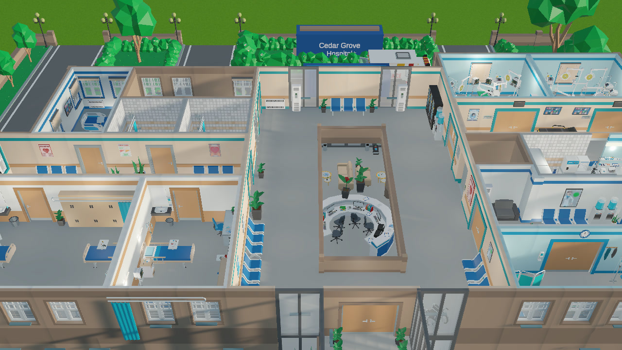 Current gameplay showing Cedar Grove's central reception and treatment rooms