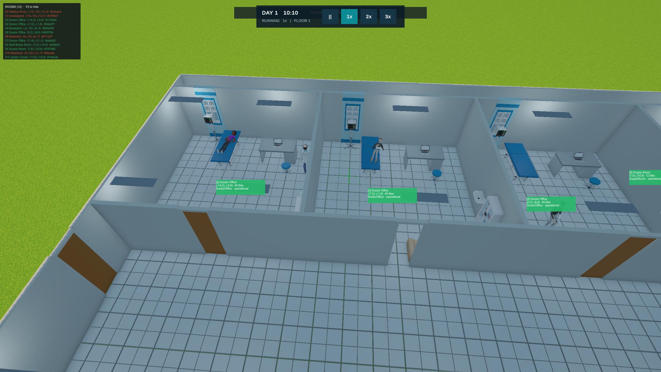 VitalCore Hospital gameplay showing operational doctor offices in the Cedar Grove clinic