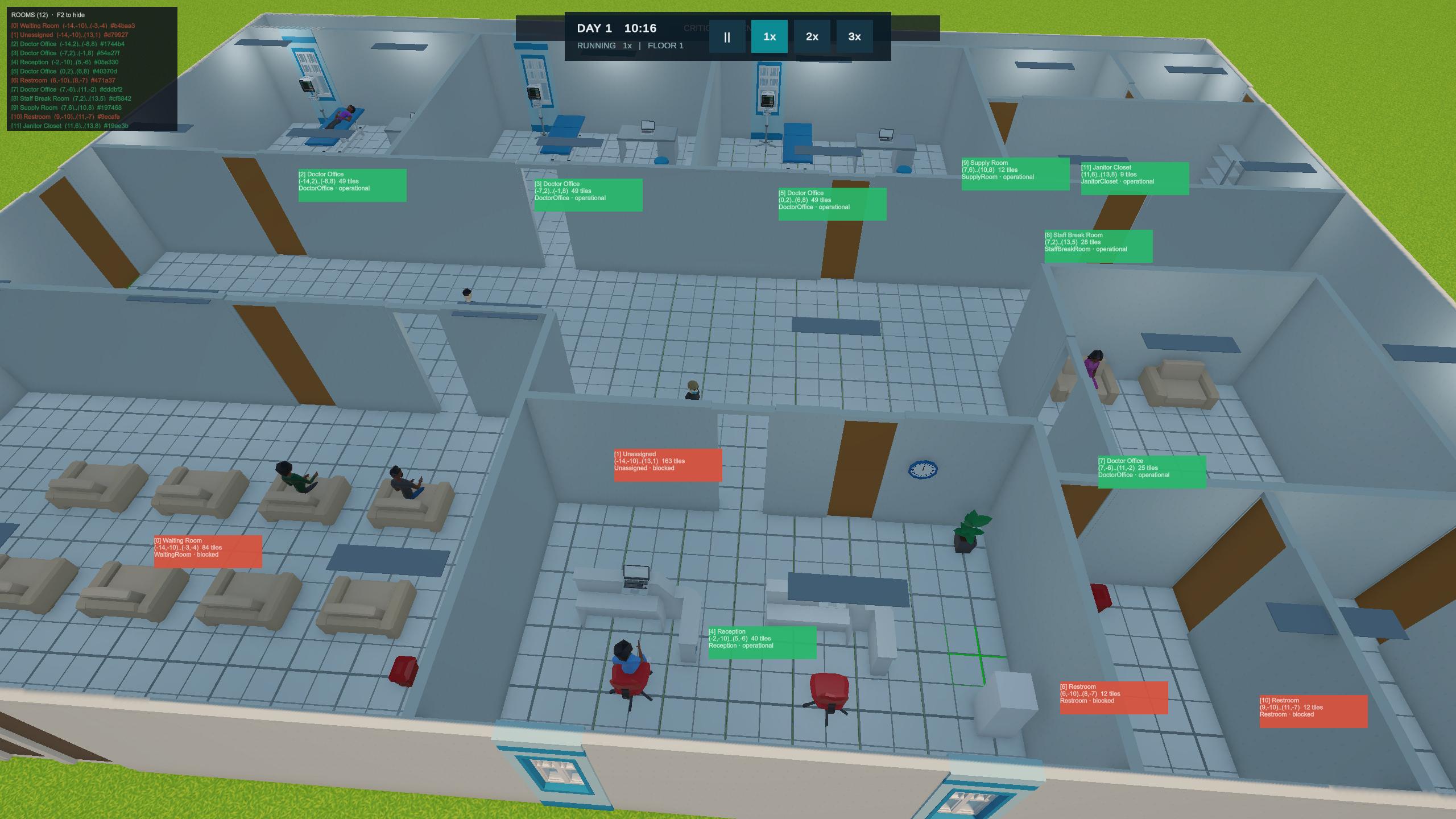 VitalCore Hospital gameplay showing seated patients, reception, and support rooms